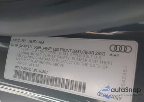 2016 Audi A7 3.0T Premium Plus z USA, uszkodzony, nr VIN WAUWGAFC1GN140887